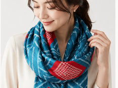 A vibrant turquoise canvas graced by striking vermilion.A Kanoko silk stole breathing Kyoto's refined aesthetics.