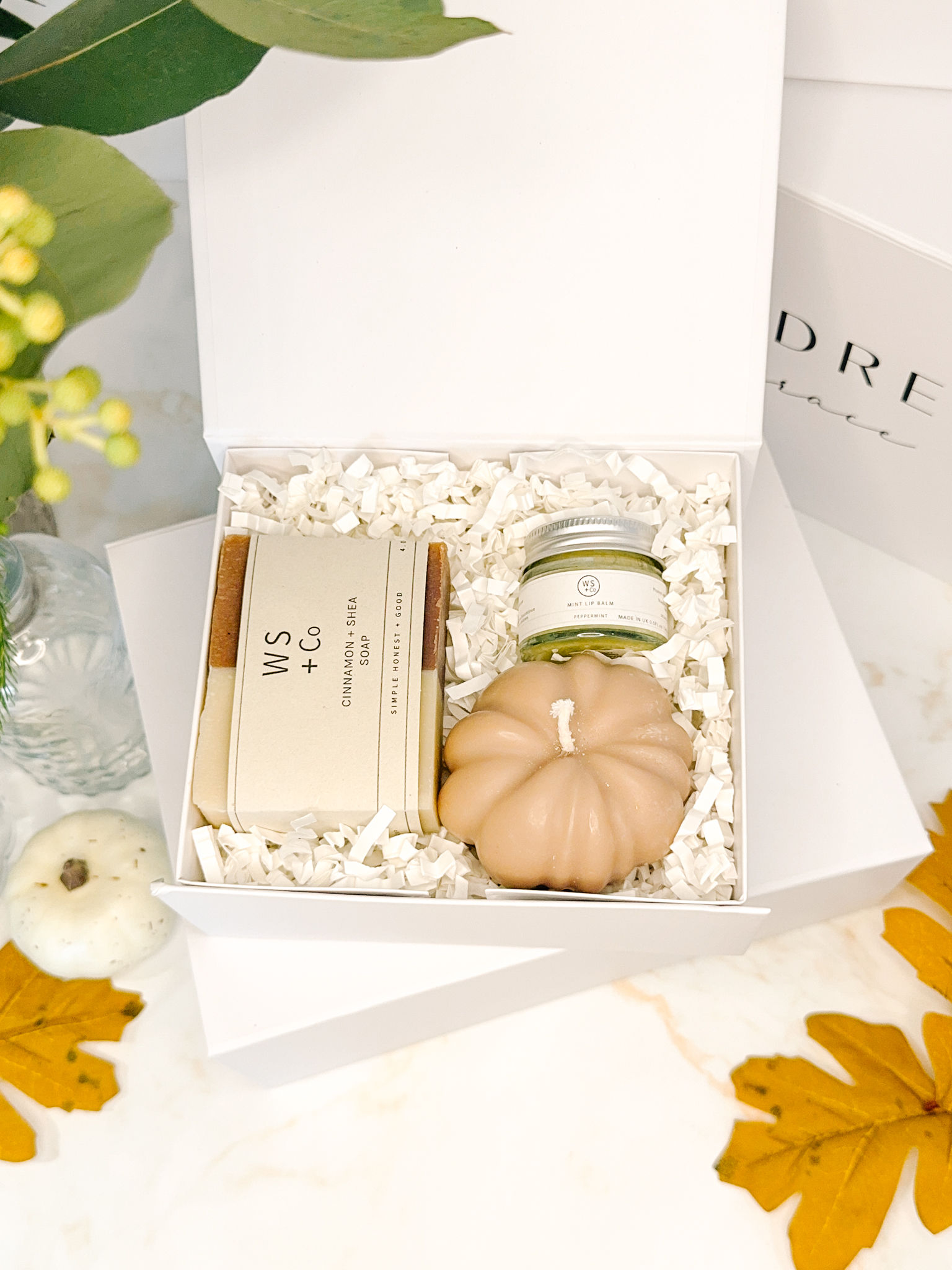 Little Autumn Luxuries gift box under £25 with pumpkin candle soap and lip balm