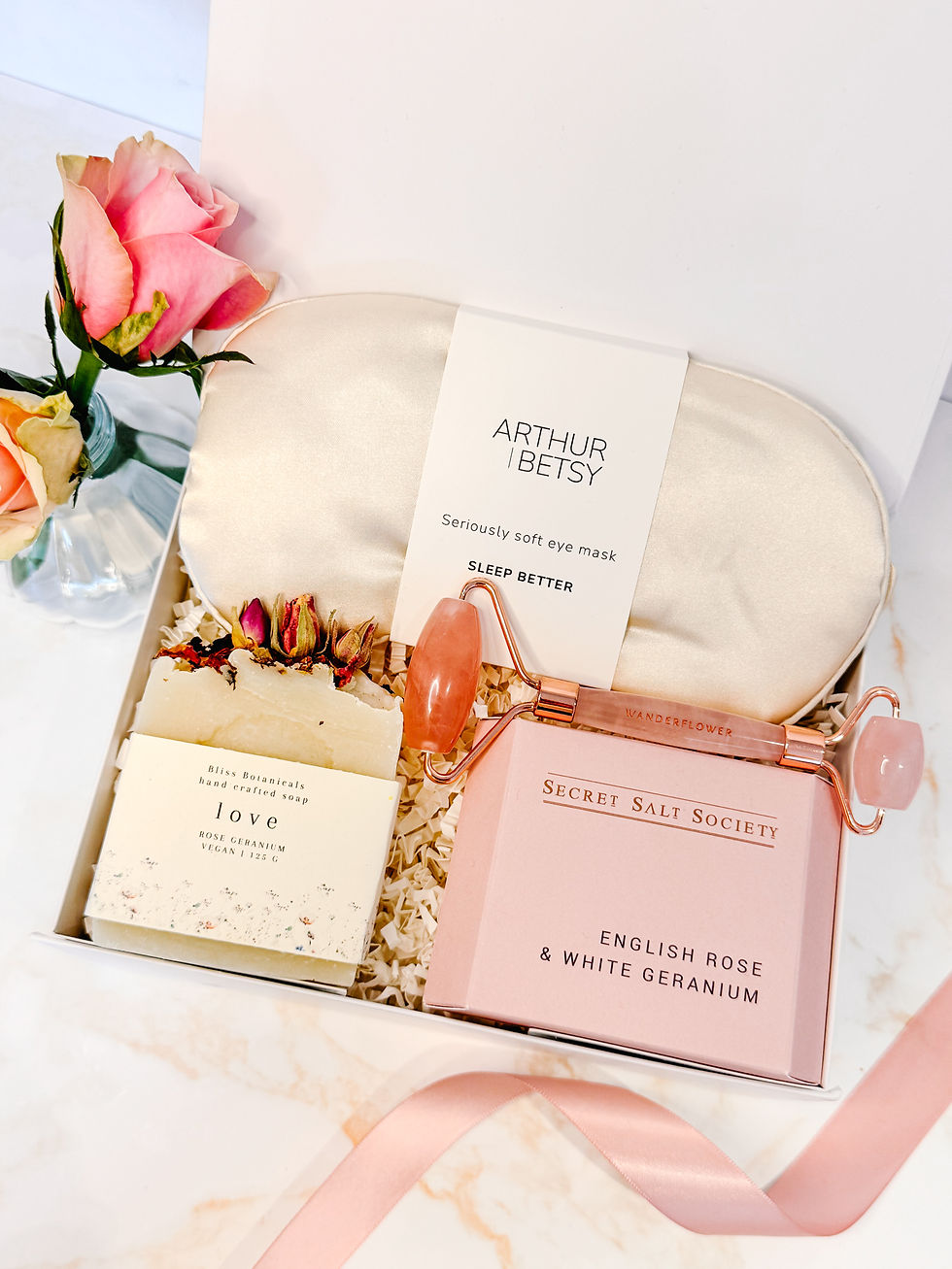 Luxury Mother’s Day pamper gift box with silk eye mask, rose quartz facial roller and artisan soap