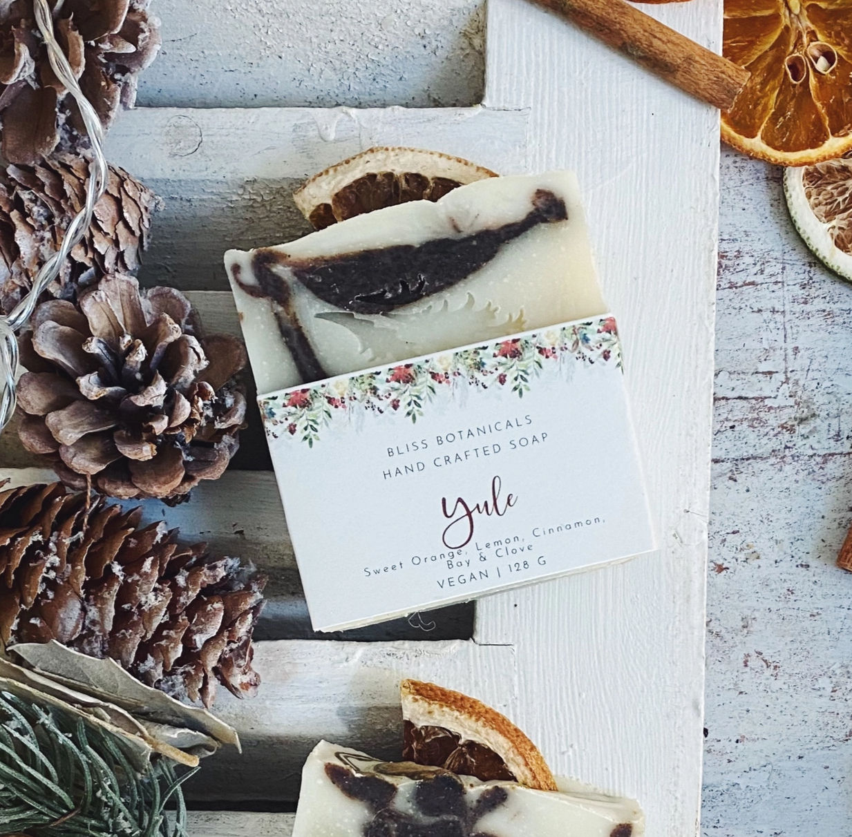 Bliss Botanicals Yule handmade Christmas soap with orange cinnamon clove and bay