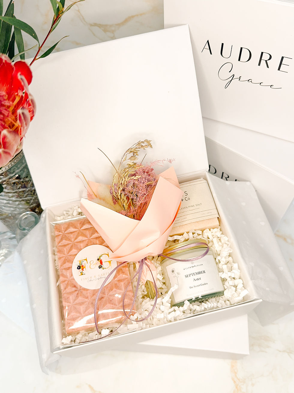 September birthday gift box for her with birth month candle, artisan chocolate, dried flowers and handmade soap