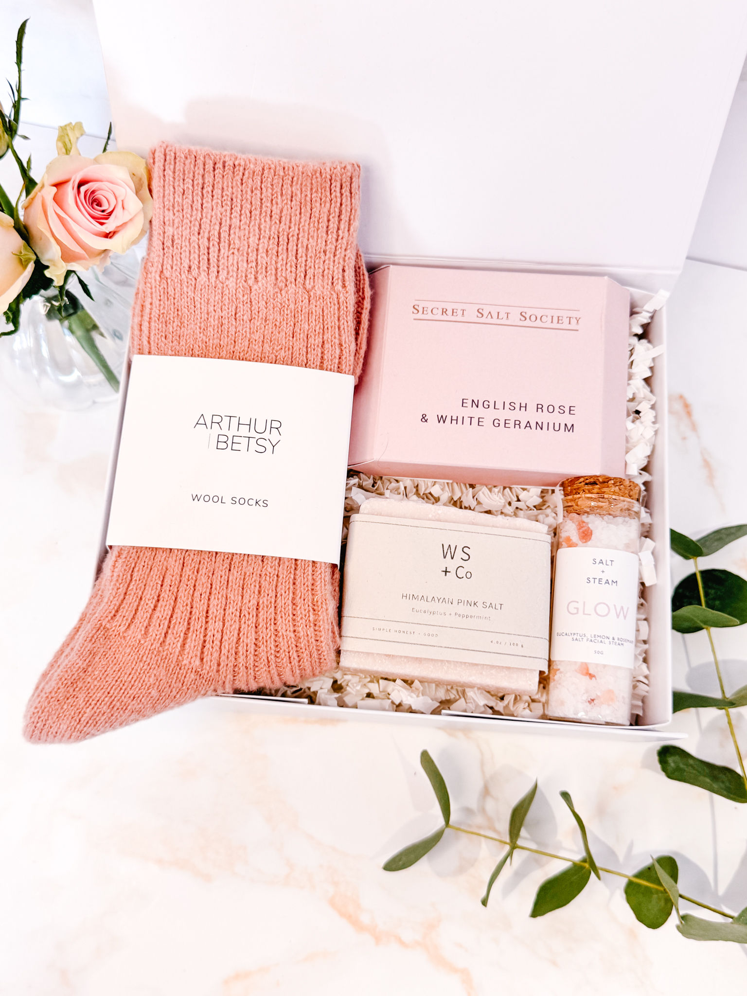 Luxury Mother’s Day self-care gift box with wool socks, bath salts and rose soap UK