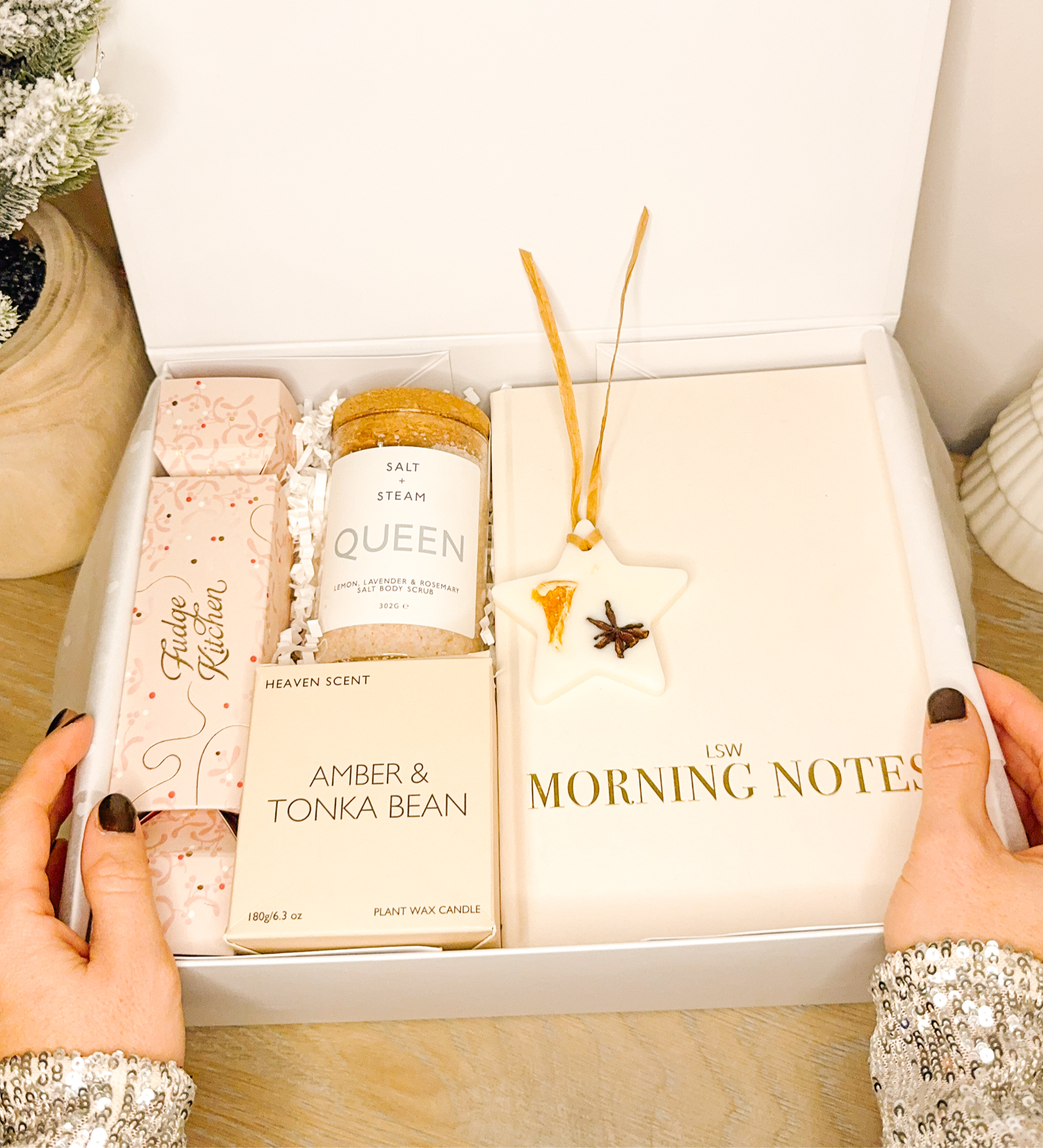 Luxury self-care Christmas gift box for her with journal body scrub candle fudge and decoration