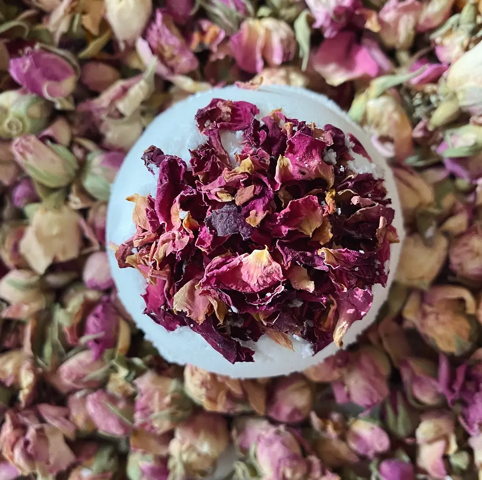 Luxury Goddess Bath Bomb with rose buds styled on an ornate tray with floral details