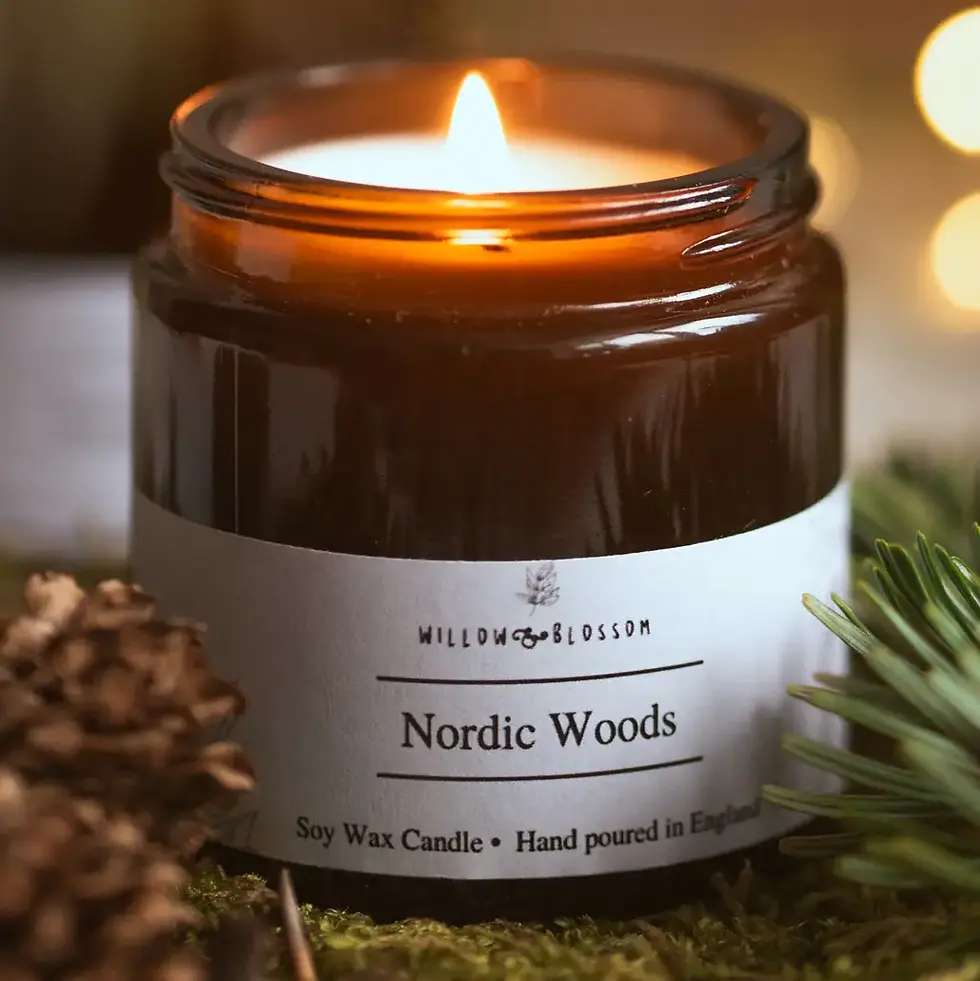 Nordic Woods soy wax candle with pine fir balsam and cedarwood scent