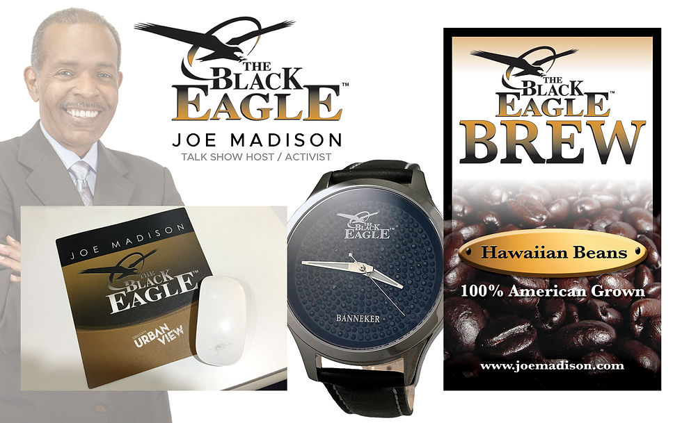 Promotional image highlighting Joe Madison, the renowned radio talk show host called "The Black Eagle," displaying branded merchandise such as a watch, coffee blend, and accessories.