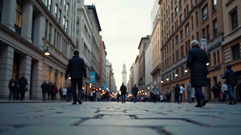 Eye-level view of a busy street in Washington, DC with people walking and buildings in the background