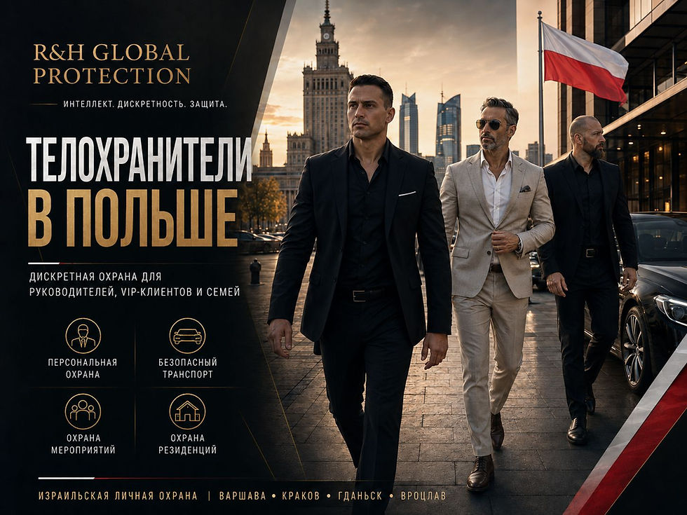 Телохранители в Польше от R&H Global Protection — дискретная израильская личная охрана, безопасный транспорт, охрана мероприятий и резиденций для VIP-клиентов, семей и руководителей в Варшаве, Кракове, Гданьске и Вроцлаве