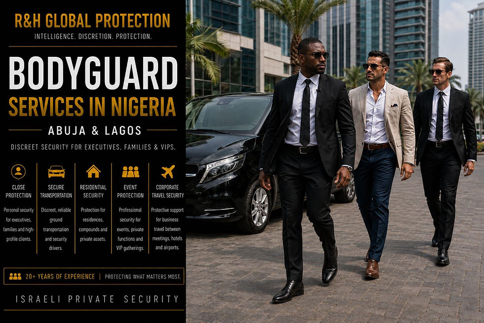 Bodyguard services in Abuja and Lagos, Nigeria, showing executive protection operatives, secure transportation, and VIP close protection by R&H Global Protection.