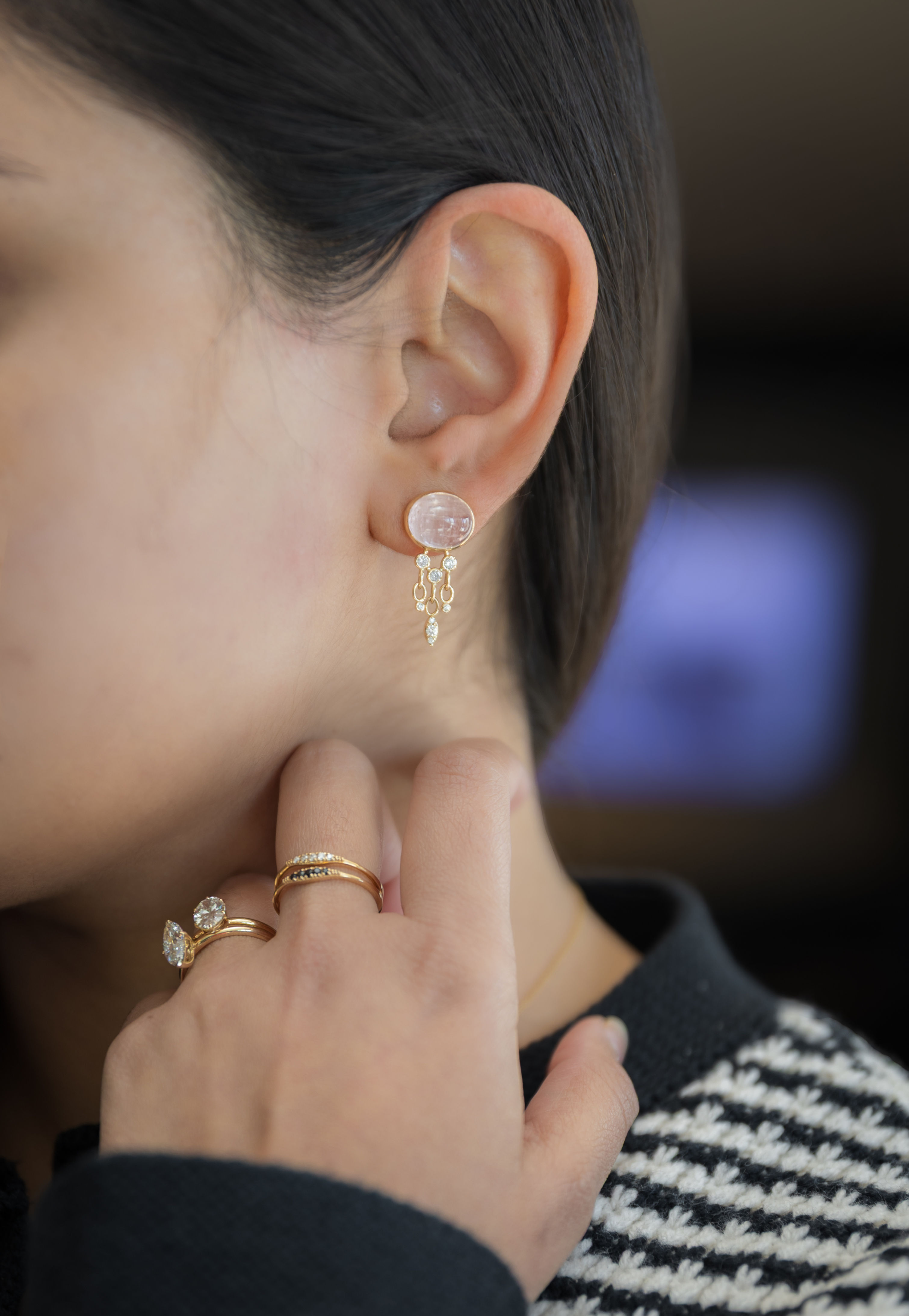 Pink Tourmaline Cabochon With Diamond Chandelier