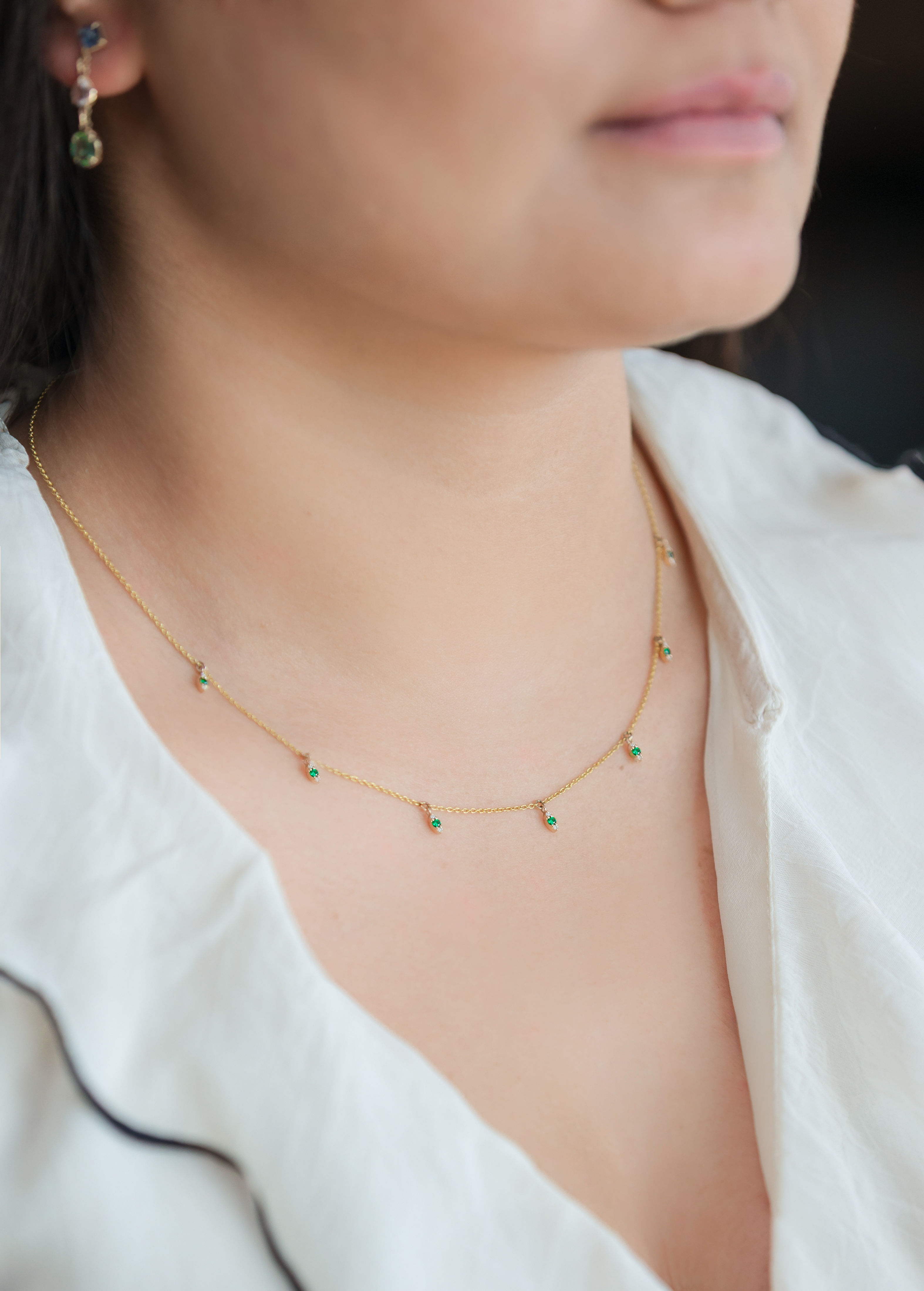 Diamond and Emerald Leaf Station Necklace