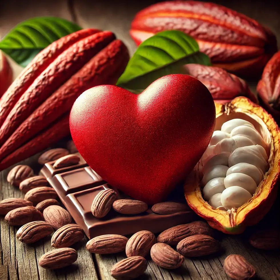 A heart on top of chocolate, cacao beans, cocoa pods and caca leaves.