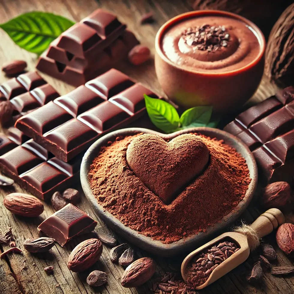Cacao, chocolate, cocoa powder a scoop, chocolate moose and cacao leaves.