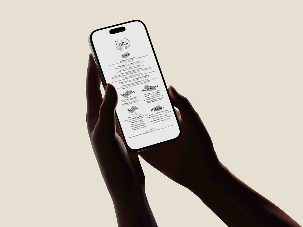 Hands holding a smartphone displaying a beauty treatment price list designed for Silk Beauty in Nantwich.