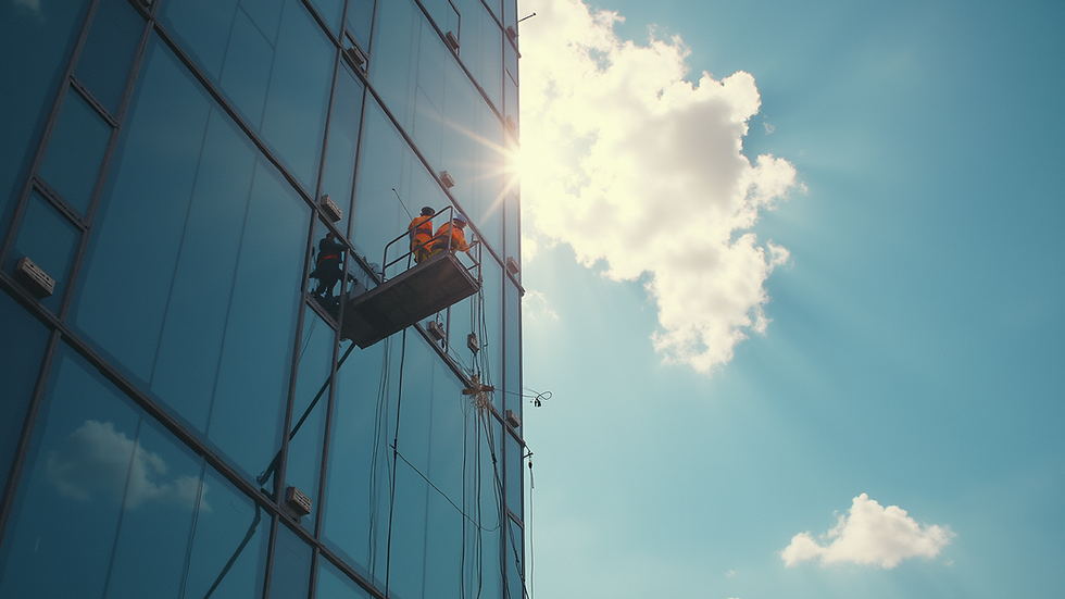 Vista aérea de técnicos realizando mantenimiento en fachada de edificio alto