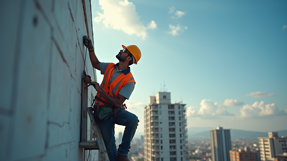 Vista aérea de trabajador con arnés realizando mantenimiento en fachada de edificio
