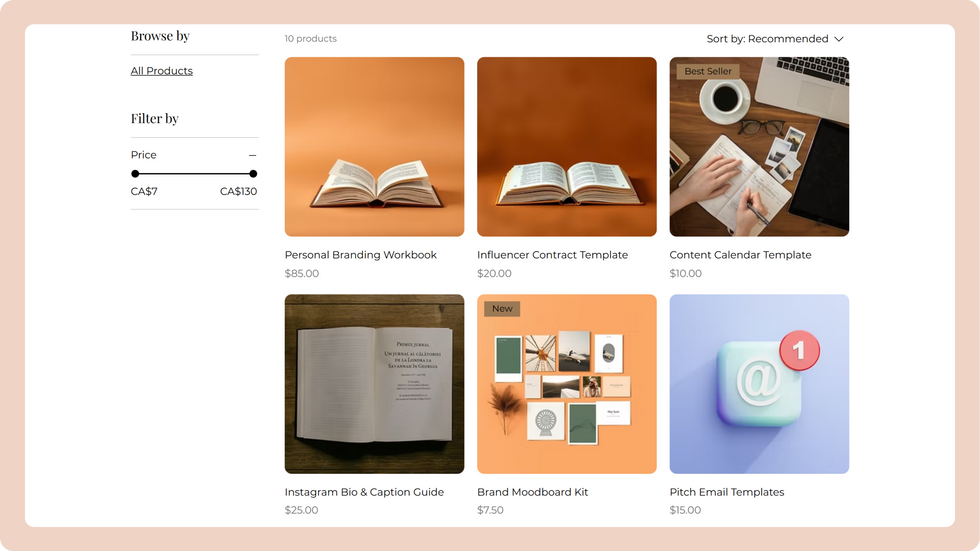 Influencer Template, wix studio template, Products page
