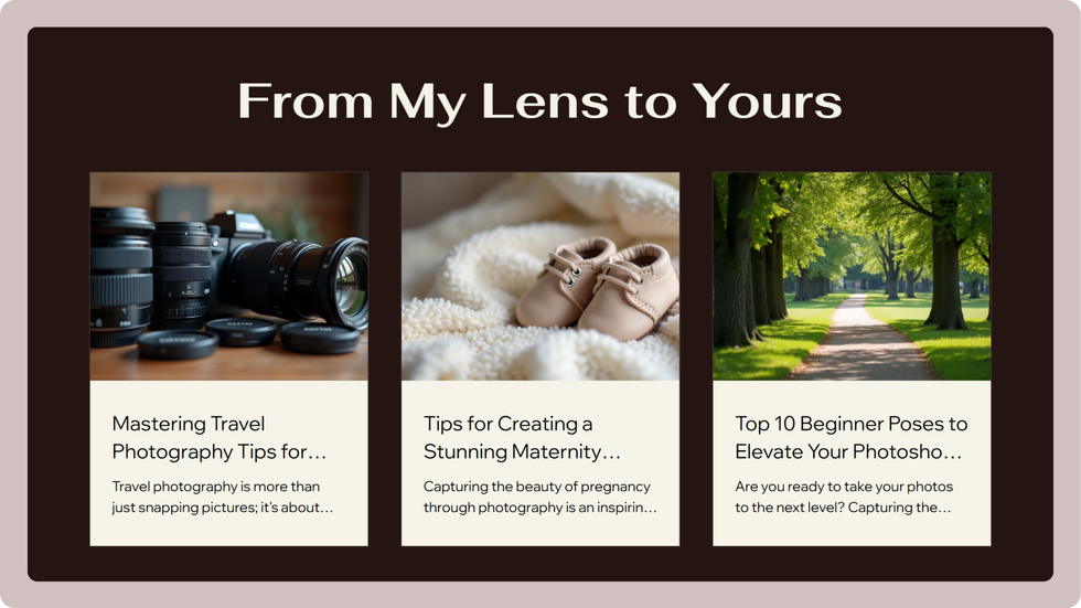 Photographer Portfolio Template, wix studio template, Blogs page