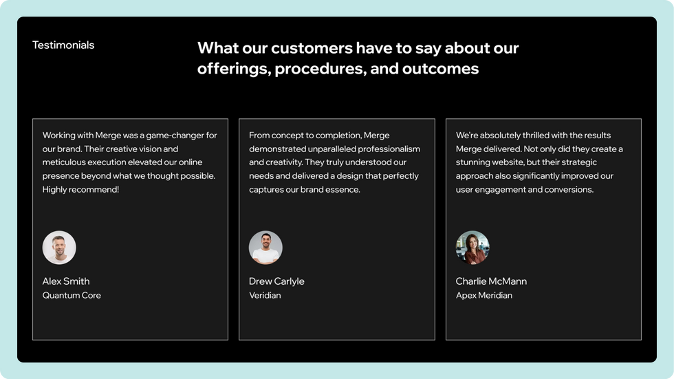 Creative Studio Template, wix studio template, Testimonials page