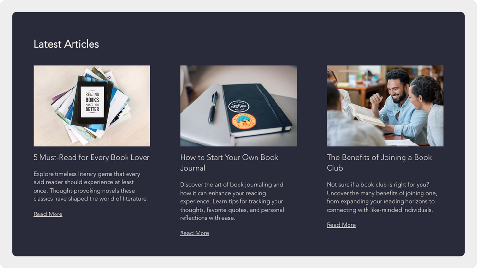 Reading community template, wix studio template, Articles page