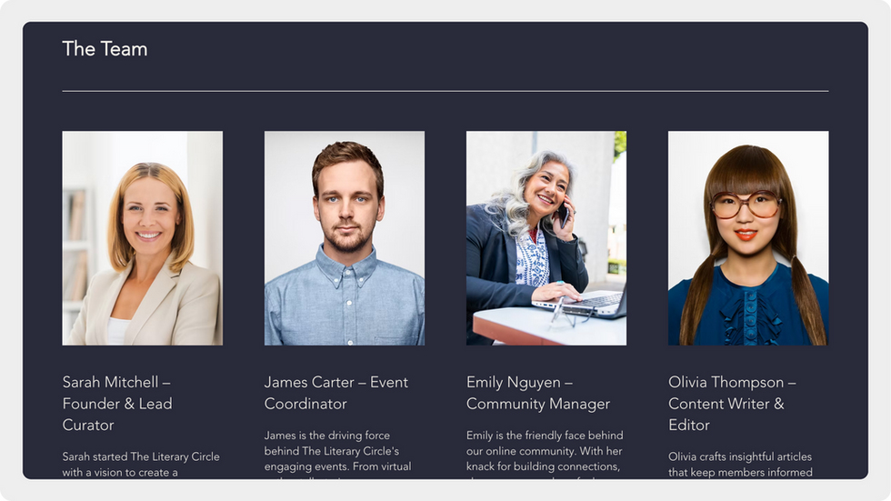 Reading community template, wix studio template, Meet our Team page
