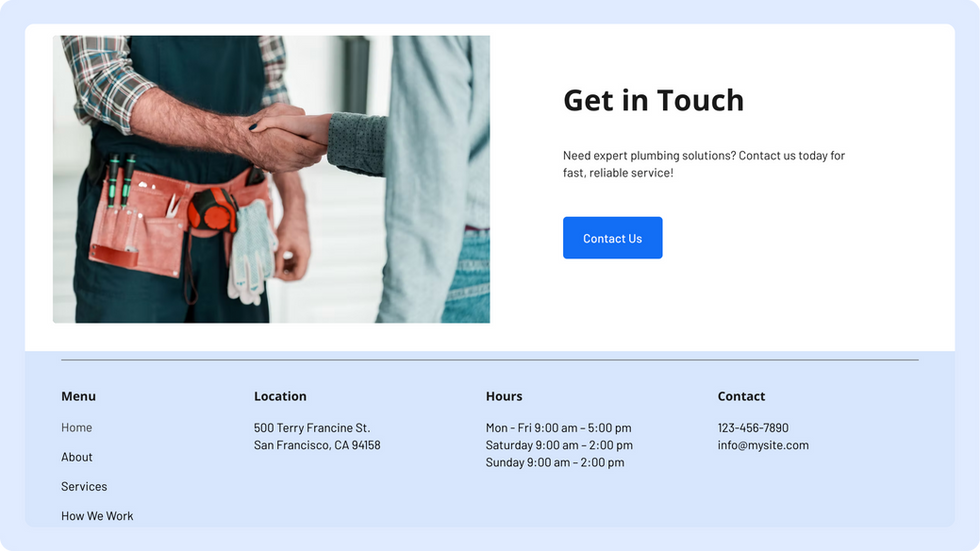 Plumbing services template, wix studio template, Contact page