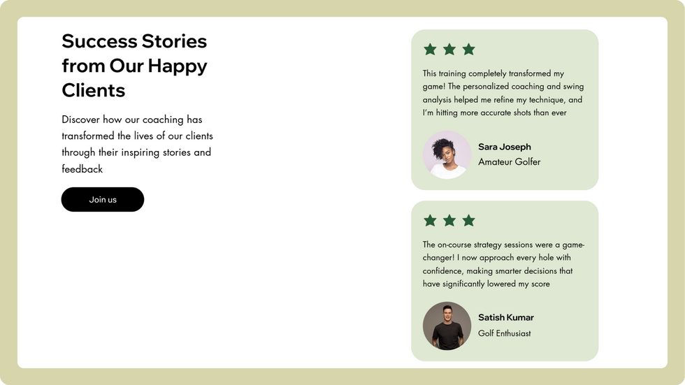 Golf Coaching Template, wix studio template, Testimonial page