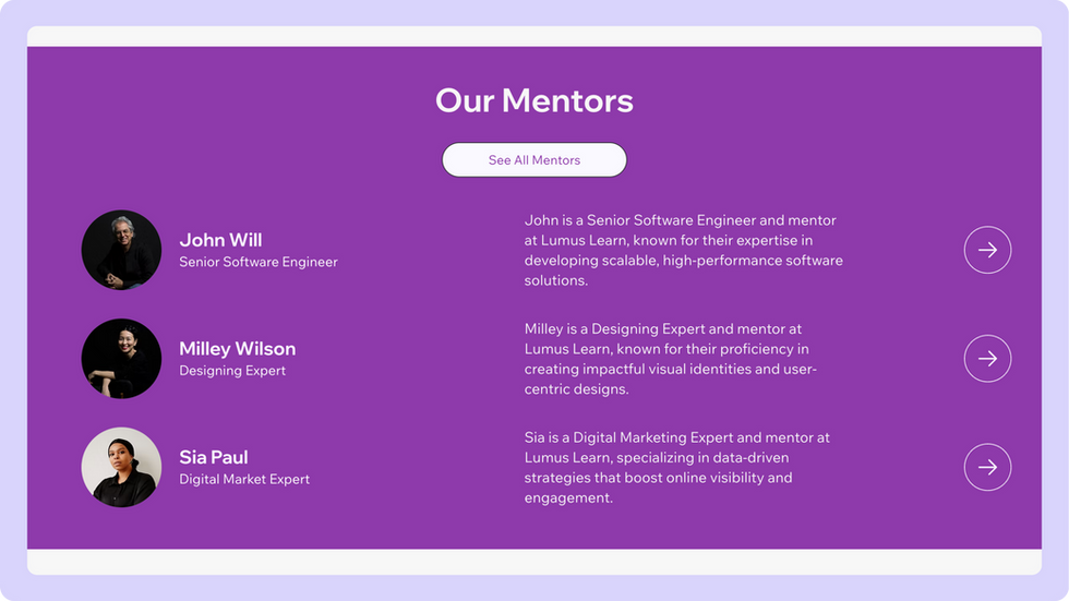 E-learning platform template, wix studio template,Mentors page