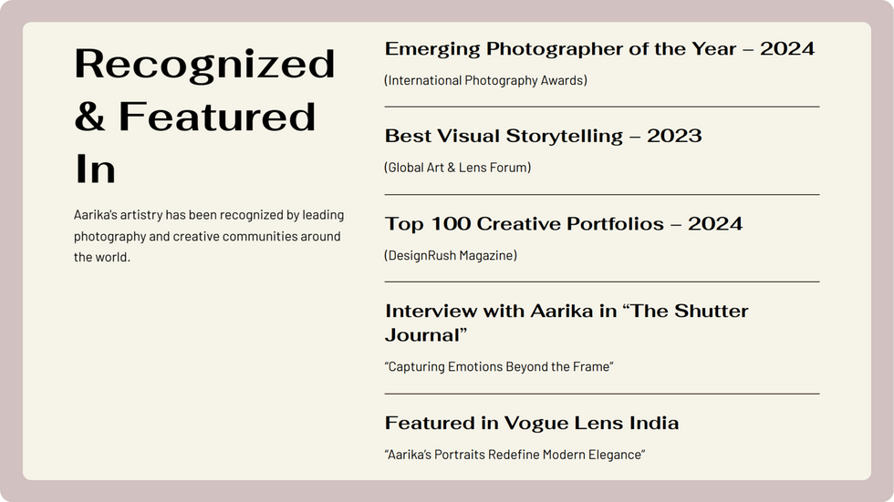 Photographer Portfolio Template, wix studio template, Awards & Achievemnets page
