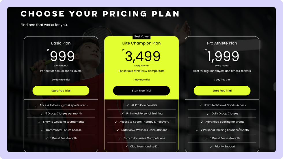 Sports Club Template, wix studio template, Pricing Plan page
