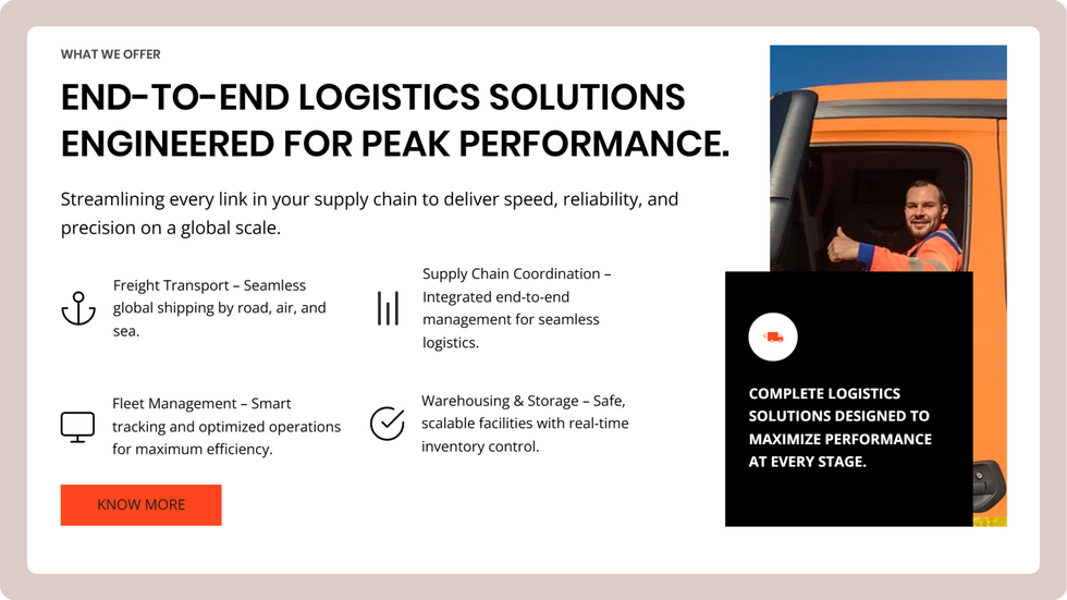 Logistics Company Template, wix studio template, What we Offer page
