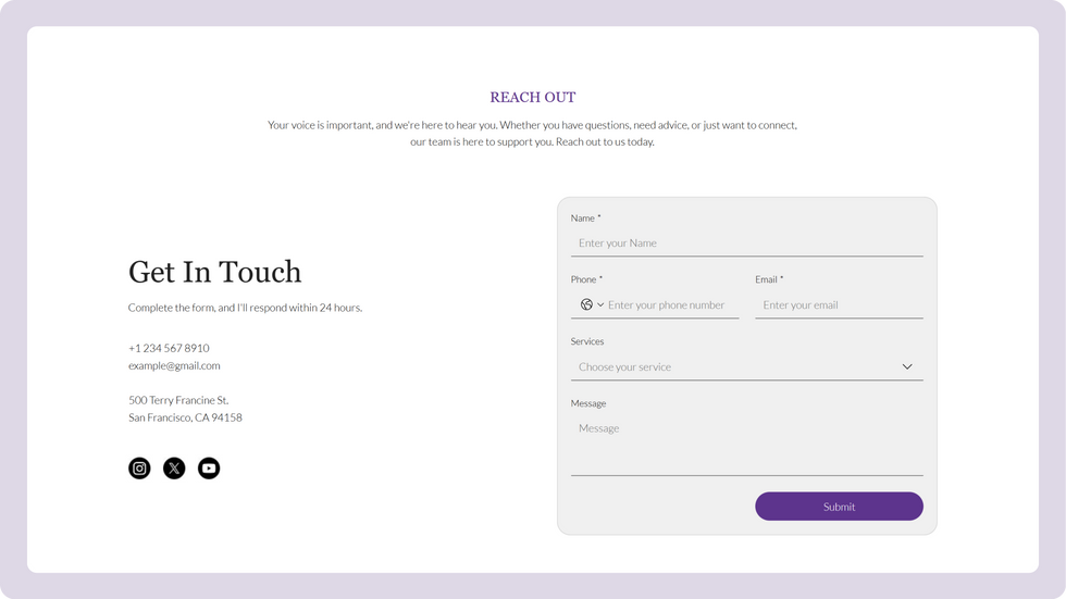 Life Coach Template, wix studio template, Contact page