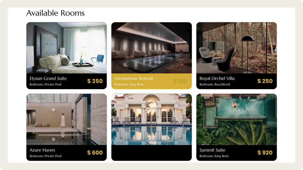Luxury Resort Template, wix studio template, Available Rooms page