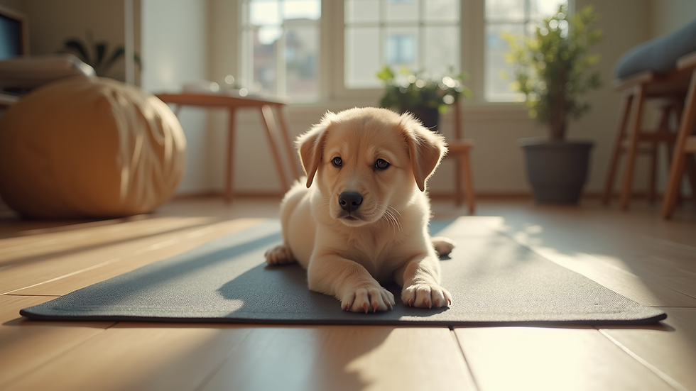 Eye-level view of a yoga mat with a playful puppy beside it
