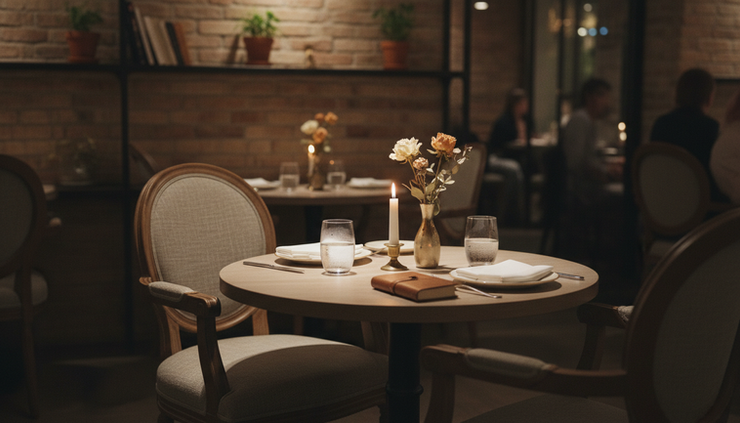 Wide-angle view of an empty restaurant table set for two with one chair slightly pulled back.