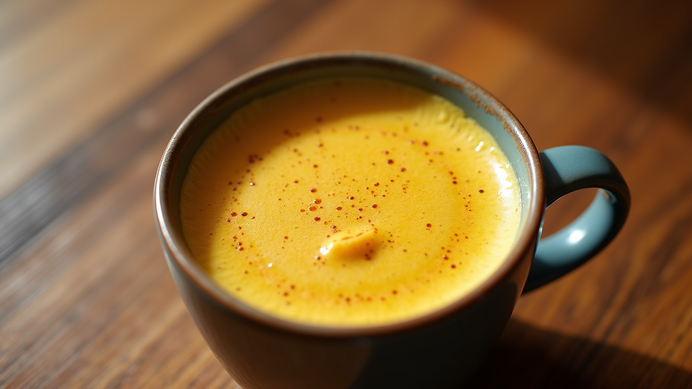 Close-up view of a golden turmeric latte in a ceramic mug