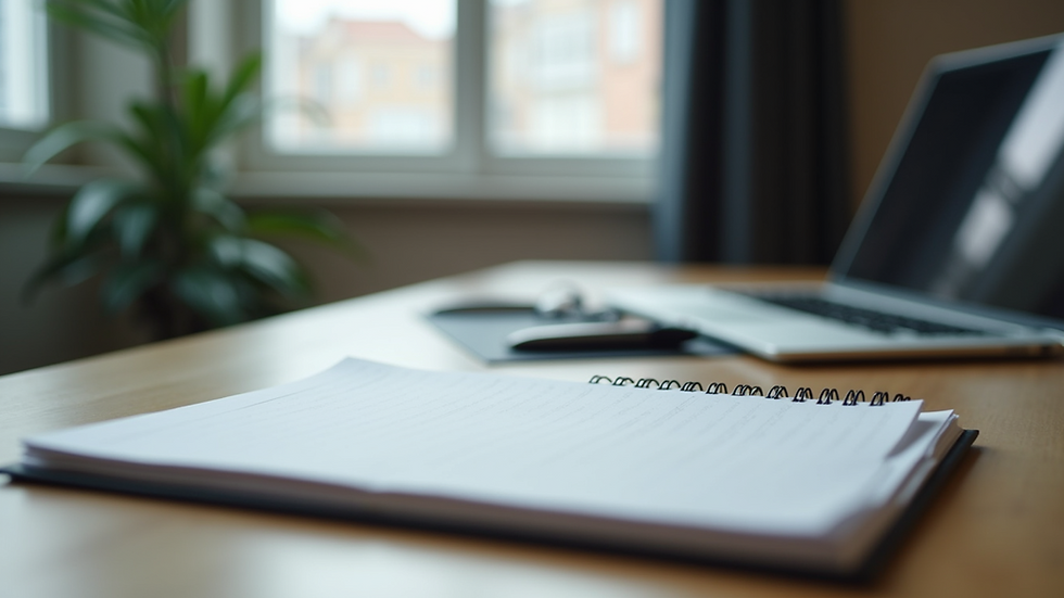 Eye-level view of a modern workspace with a laptop and notepad