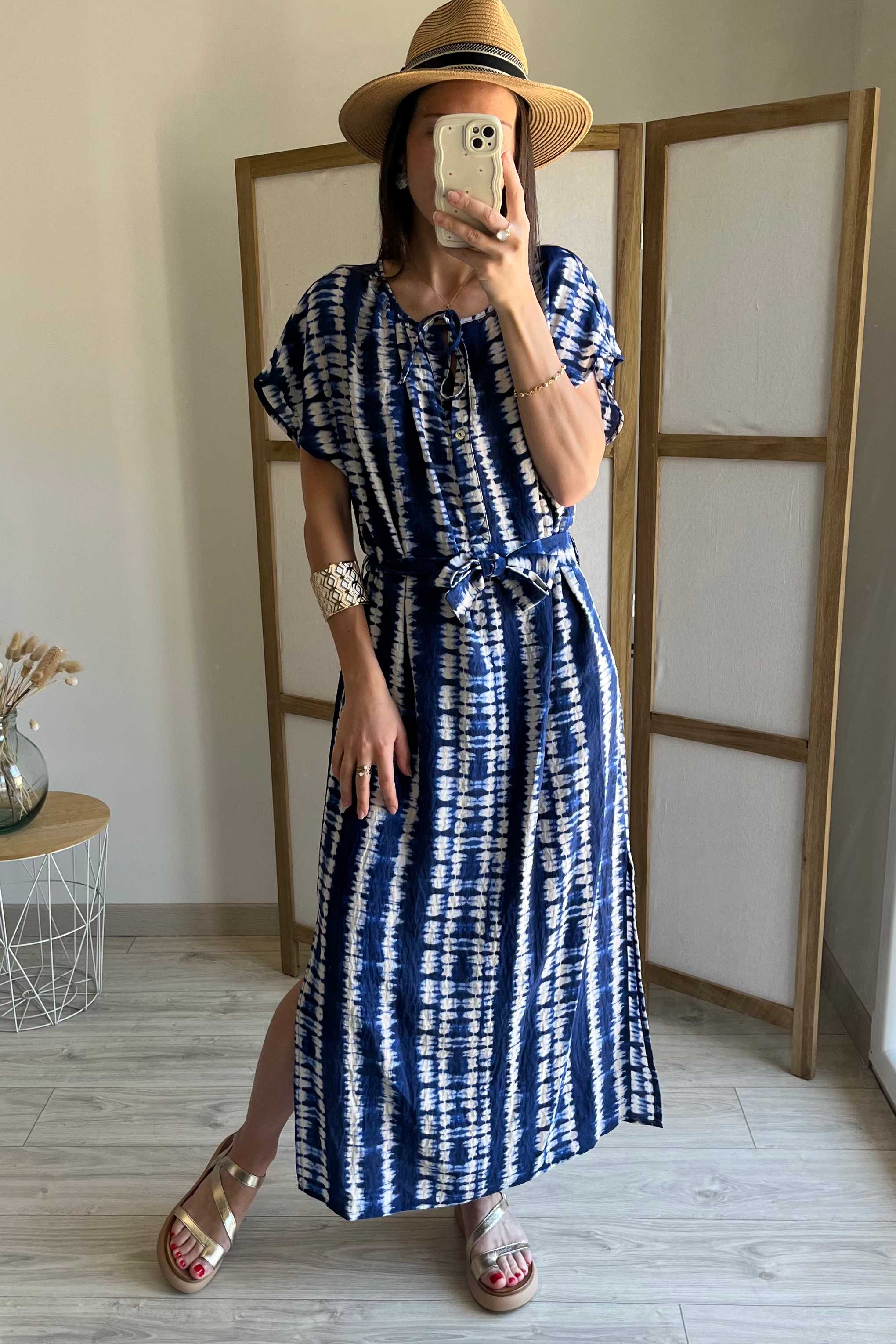 robe longue été effet lin tie and dye bleu scarlet roos