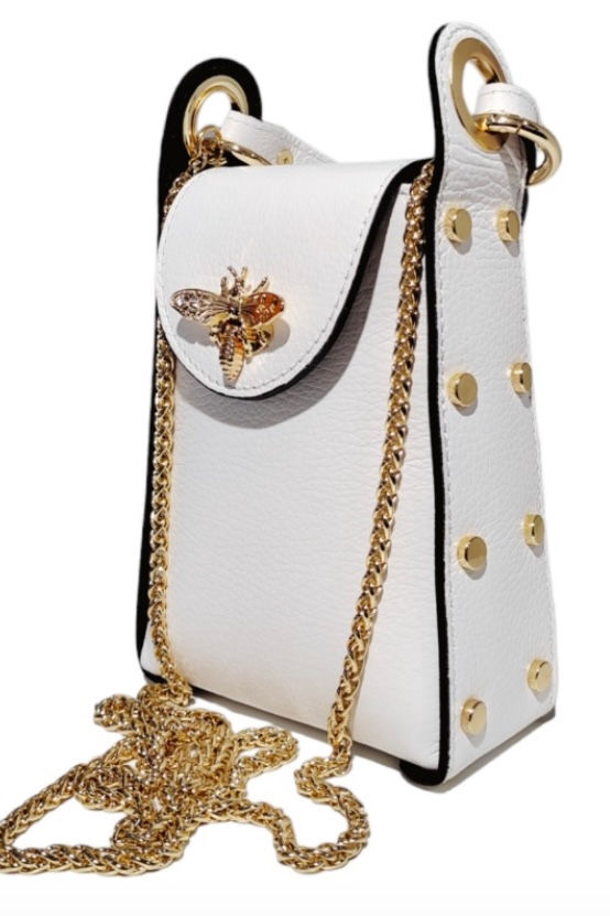 Miniature : sac bandoulière en cuir fermeture abeille détails dorés zoom couleur blanc