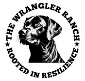 The Wrangler Ranch Logo, Black Dog with The Wrangler Ranch name and tagline: rooted in resilience 