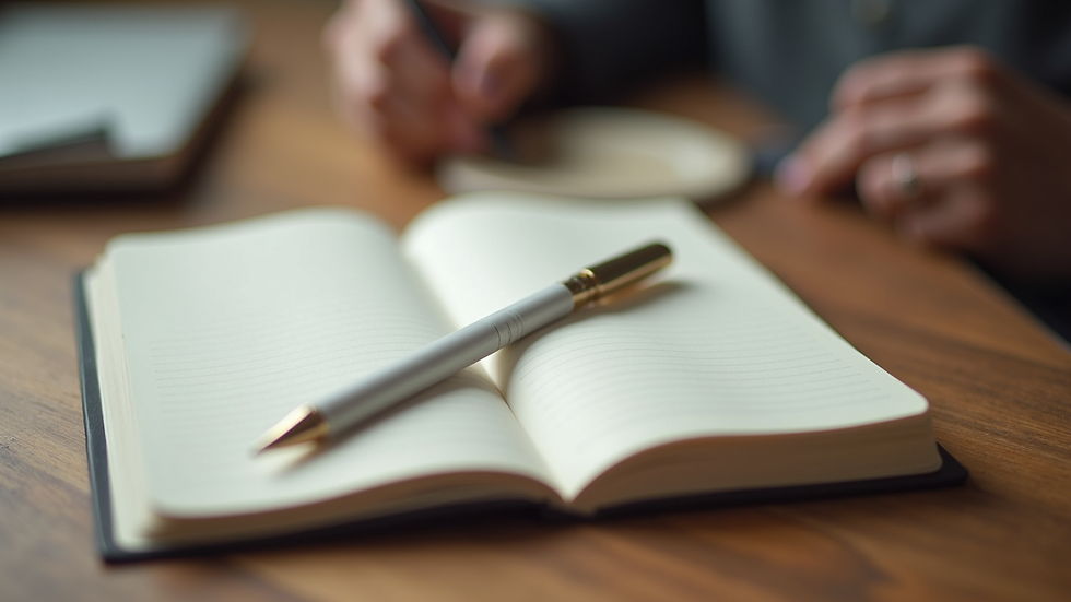 Close-up view of a journal and pen on a wooden table, ready for writing