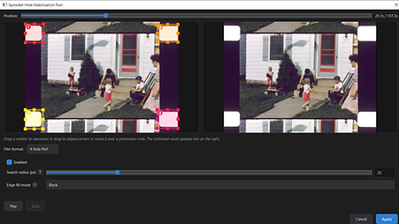MSS Media Lab aligning scanned film frames with sprocket hole stabilization