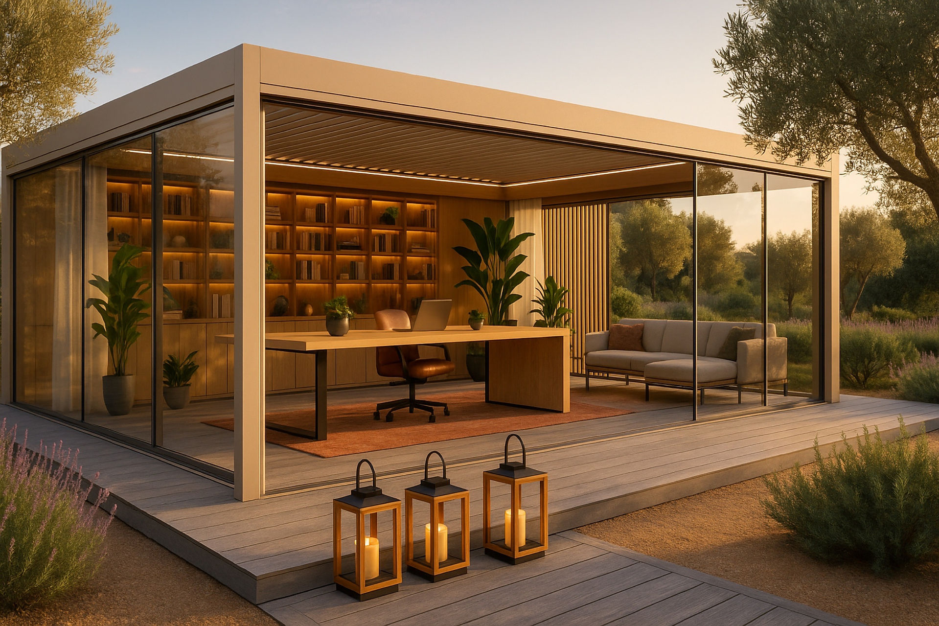 pavillon WAHO ouvert : desk XXL bois clair, étagères lumineuses, lanternes bougie et végétation méditerranéenne