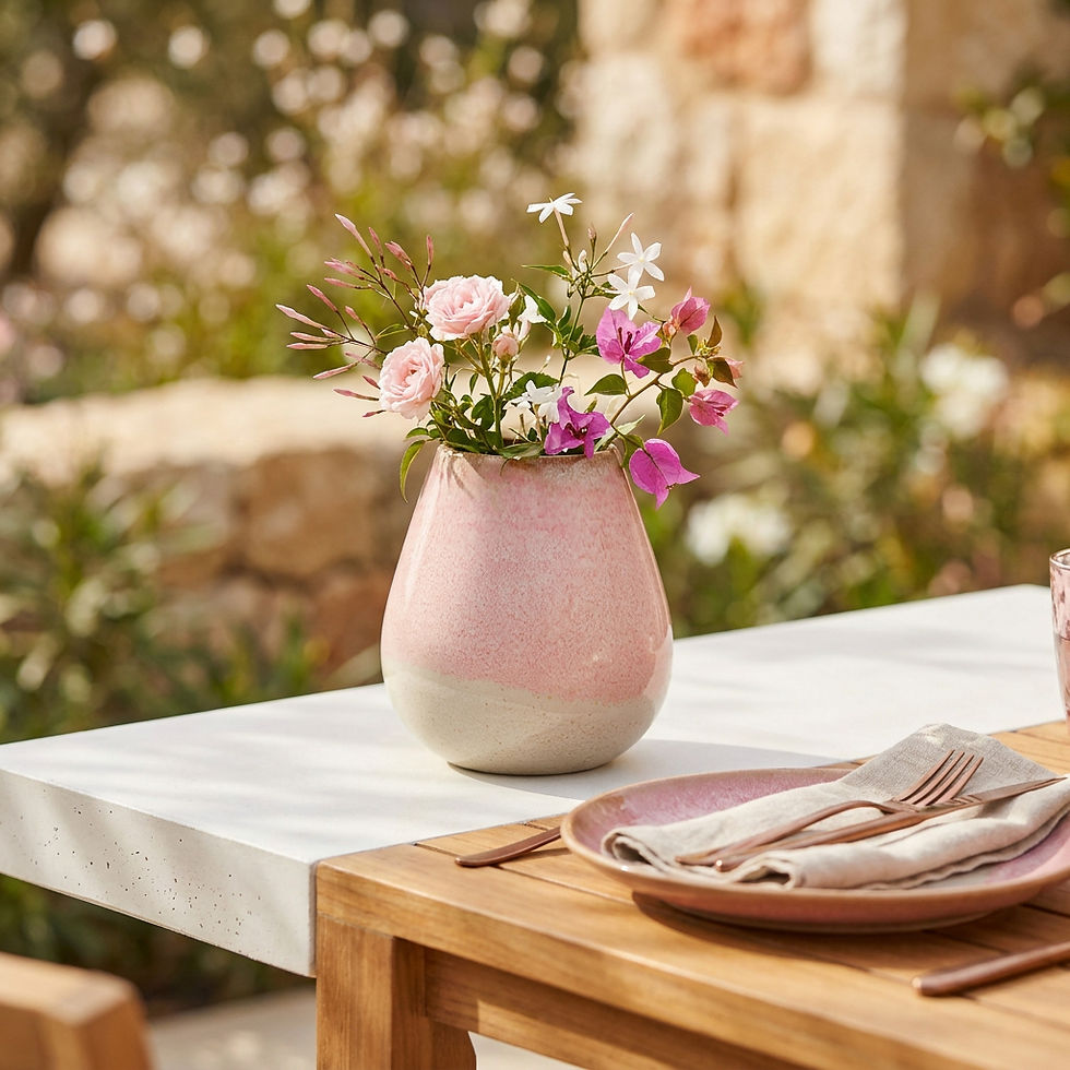 Vase IL CAPRICCIO Rosato 18 cm ASA Selection décoré d'un bouquet de fleurs sur une table de repas contemporaine