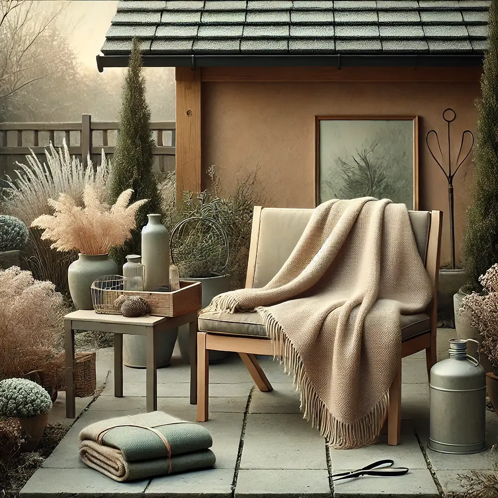 Fauteuil de jardin en bois avec un plaid, entouré de décorations hivernales, illustrant la protection du mobilier extérieur en hiver.