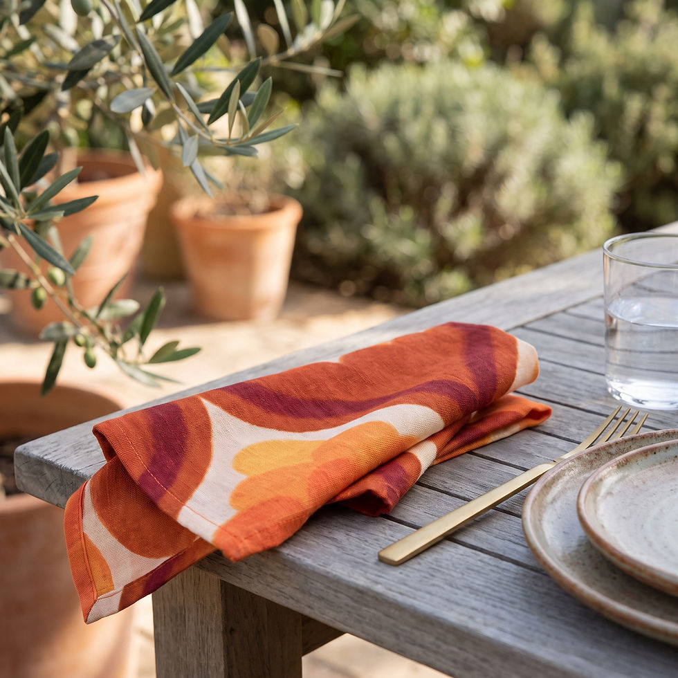Serviette de table CANCUN Muscade en situation sur une table en bois extérieure, avec assiettes en grès et couverts dorés