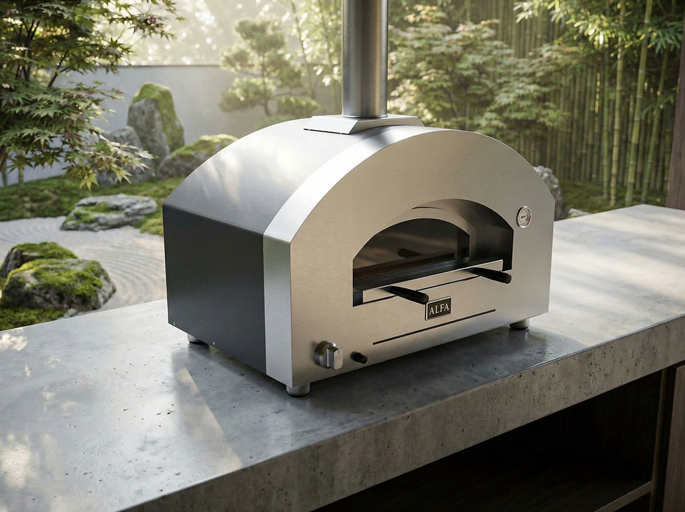 Four à pizza ALFA Forni FUTURO 2 Pizze en inox sur plan de travail extérieur