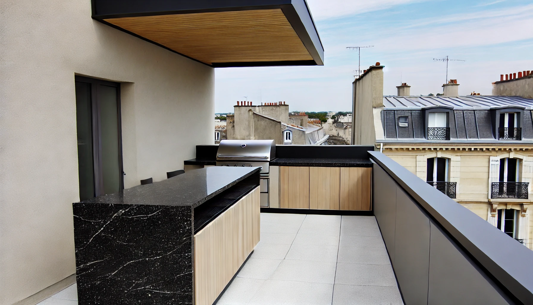 cuisine extérieure avec ilot en bois sur rooftop en ville