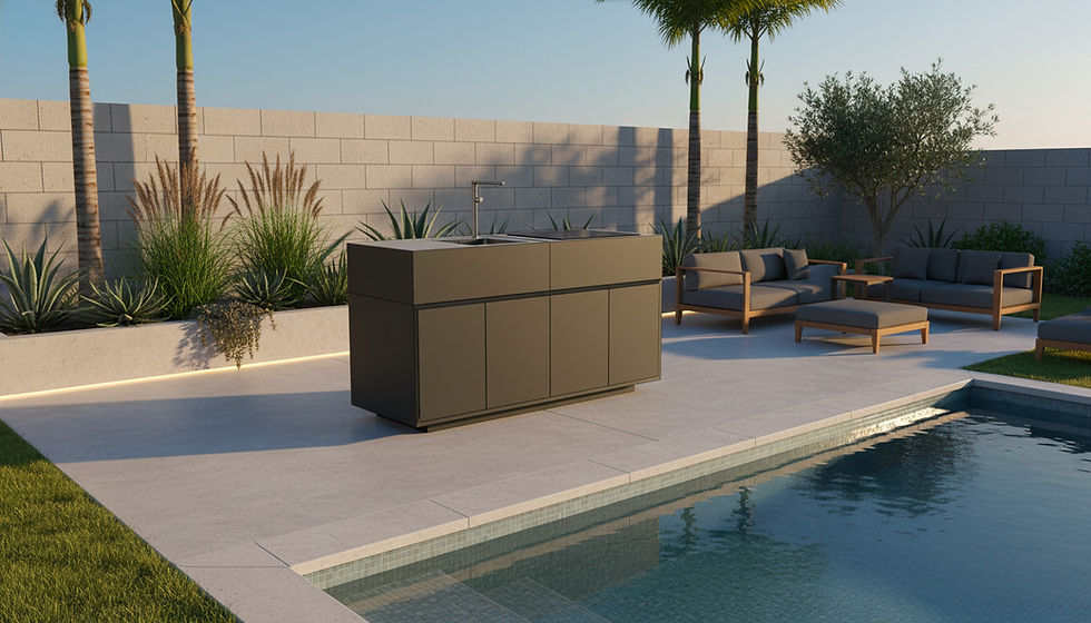 Cuisine outdoor TIKAL Talenti installée au bord d'une piscine avec évier et plaques à induction – ambiance jardin design