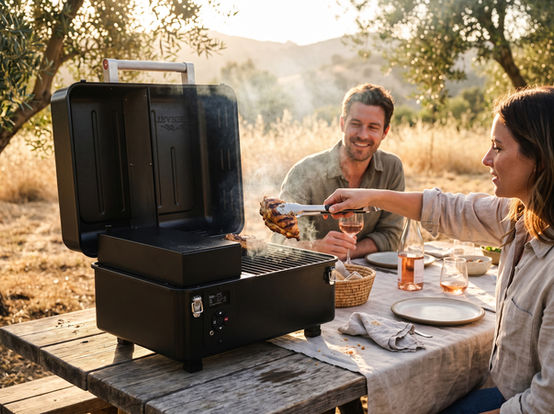 Barbecue à pellets nomade TRAEGER RANGER en situation sur une table de pique-nique sous les oliviers, cuisson d'un poulet
